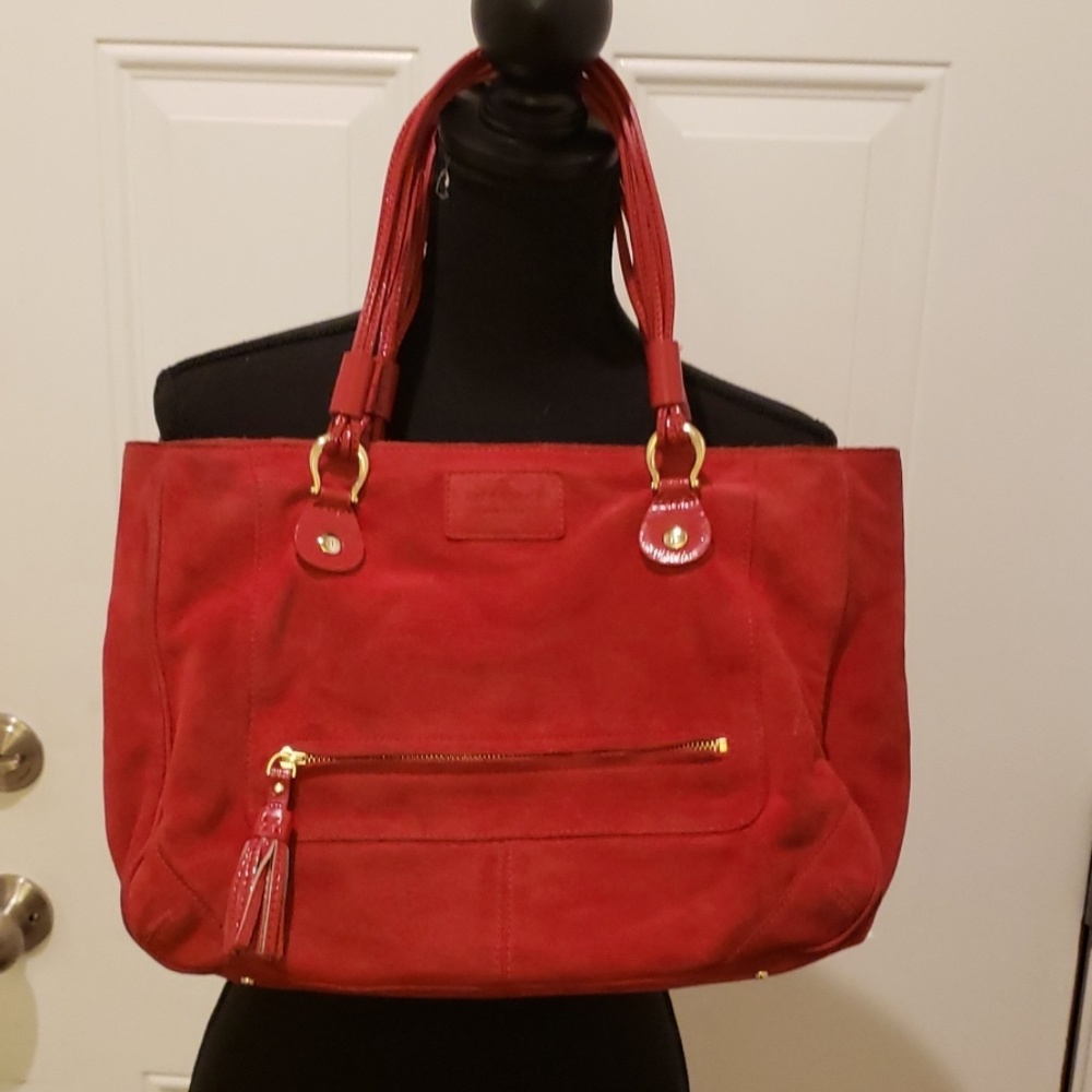 Red suede and patent leather hand bag